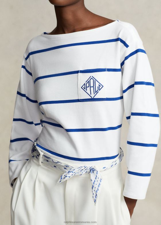 alb/safir strălucitor femei Ralph Lauren tricou din jerseu în dungi cu logo monogramă 046883029
