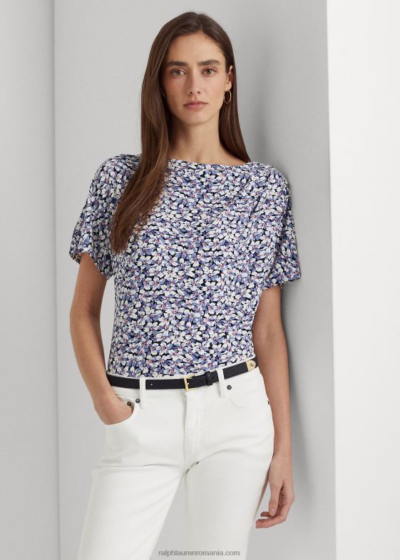 albastru/crem/roz femei Ralph Lauren tricou din jerseu elastic plisat floral 046883960