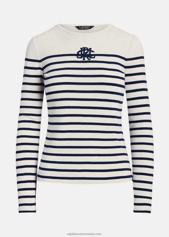 crema de mascarpone/marin femei Ralph Lauren tricou cu mânecă lungă din bumbac elastic în dungi 046883958