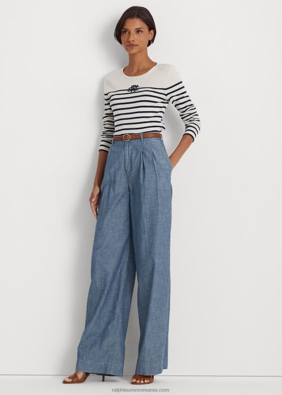 crema de mascarpone/marin femei Ralph Lauren tricou cu mânecă lungă din bumbac elastic în dungi 046883958