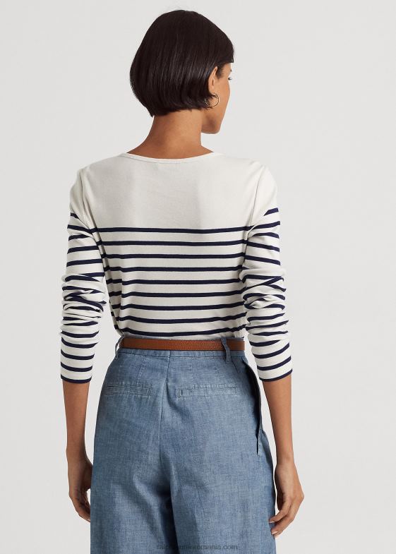 crema de mascarpone/marin femei Ralph Lauren tricou cu mânecă lungă din bumbac elastic în dungi 046883958