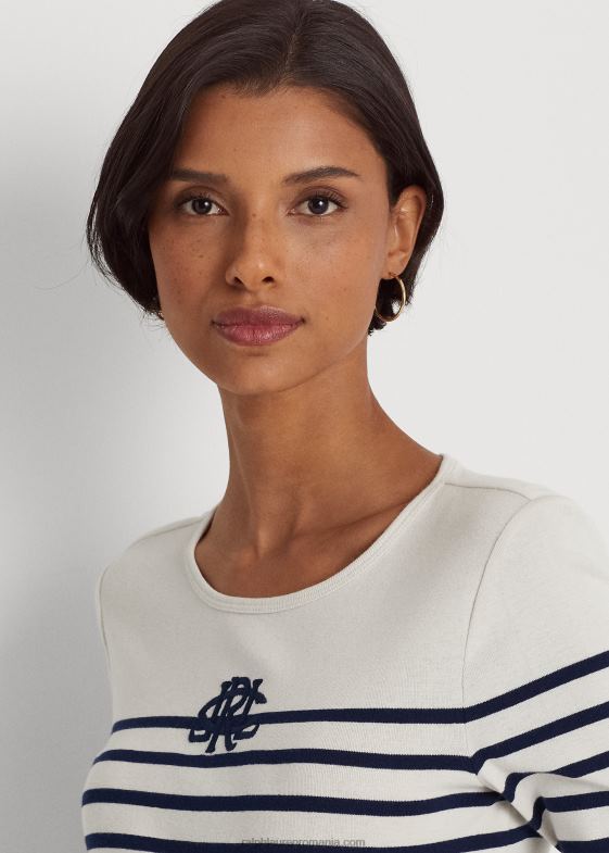 crema de mascarpone/marin femei Ralph Lauren tricou cu mânecă lungă din bumbac elastic în dungi 046883958