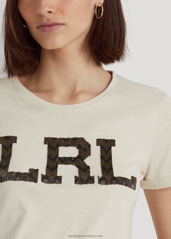 crema naturala femei Ralph Lauren tricou din jerse cu logo-ul cu margele 046889511